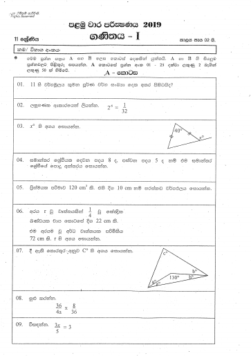 2019 Grade 11 Mathematics First Term Test Paper | Eastern Province
