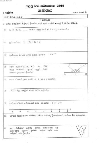 2019 Grade 08 Mathematics First Term Test Paper | Eastern Province