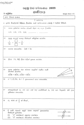 2019 Grade 09 Mathematics First Term Test Paper | Eastern Province