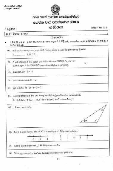 2018 Grade 08 Mathematics Third Term Test Paper with Answers | North ...