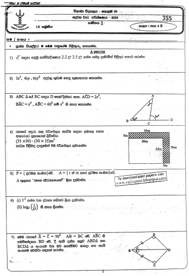 2016 Grade 10 Mathematics Second Term Test Paper | Vishaka College