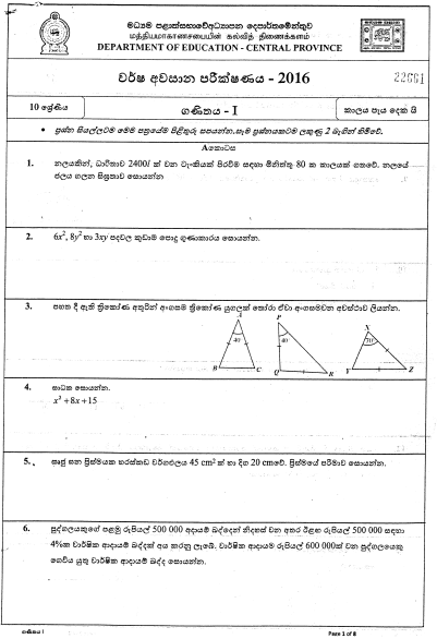 2019 Grade 06 Mathematics Third Term Test Paper with Answers | Western ...