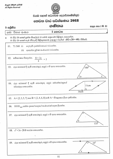 2018 Grade 09 Mathematics Third Term Test Paper with Answers |North ...