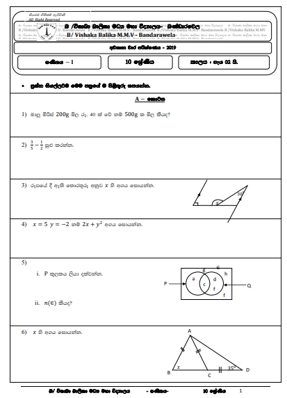 2019-grade-10-mathematics-third-term-test-paper-vishaka-collage