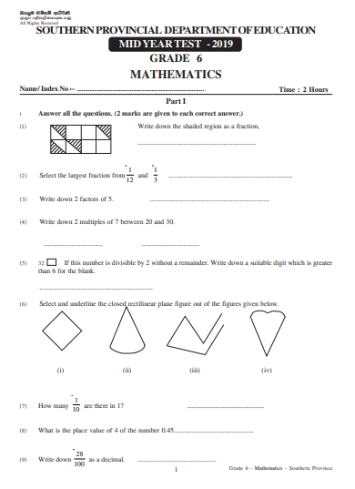 2019 Grade 06 Maths Second Term Paper With Answers | English Medium ...