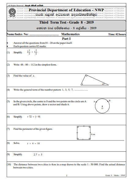 2019 Grade 08 Maths Third Term Paper With Answers | English Medium ...