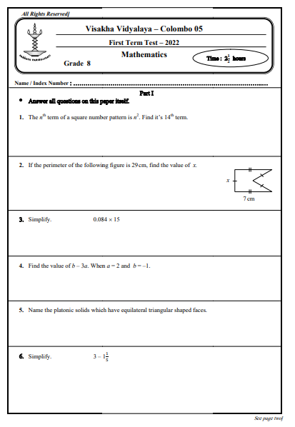 2022 Grade 08 Maths First Term Paper | English Medium - Visakha Vidyalaya